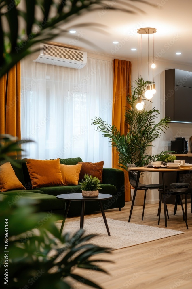 Living room interior with sofa, table and plants, a modern cozy home concept