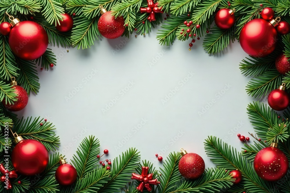 Classic Christmas border featuring red balls, jingle bells, and festive fir branches, decorations, festive Classic Christmas border featuring red balls, jingle bells, and festive fir branches, decorations, festive