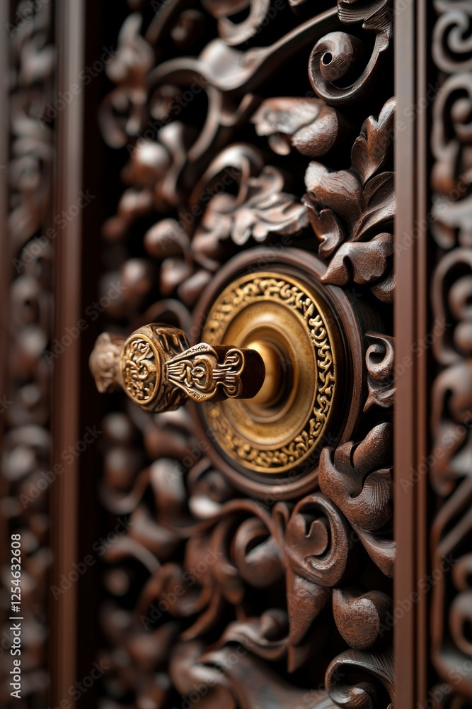Intricate carved brown door with golden handle as entrance to grand structure Intricate carved brown door with golden handle as entrance to grand structure
