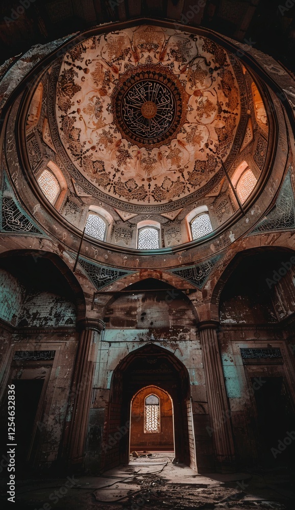 Obraz premium A photograph capturing the interior of an Islamic mosque, showcasing a majestic dome adorned with intricate Arabic calligraphy, bathed in warm sunlight