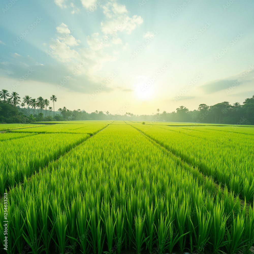 Obraz premium A lush rice paddy field with neat, under a bright, sunny sky