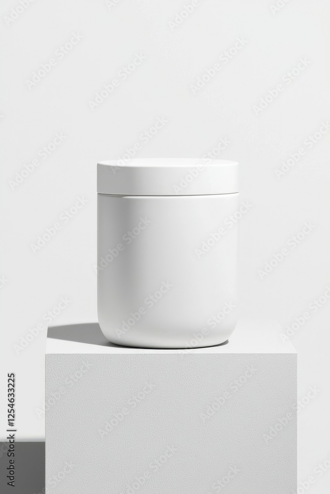 White jar on a white platform for skin care or food products packaging mock-up White jar on a white platform for skin care or food products packaging mock-up