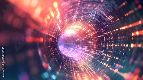 Abstract image of a glowing, multicolored tunnel with a central sphere, suggesting speed and data flow.