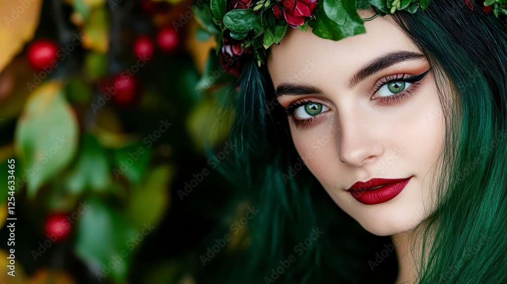 Naklejka premium Closeup portrait of a woman with vibrant green hair, a floral crown, and bold makeup. She has striking green eyes and red lips, set against a