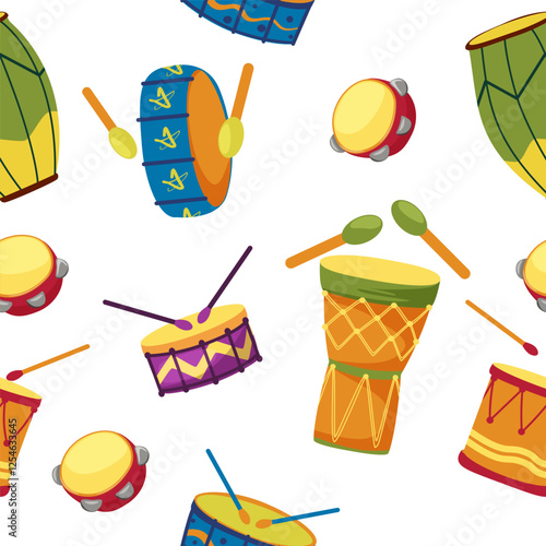 Vector seamless pattern with colorful drums for holidays, street parades and carnivals. Collection of percussion musical instruments.