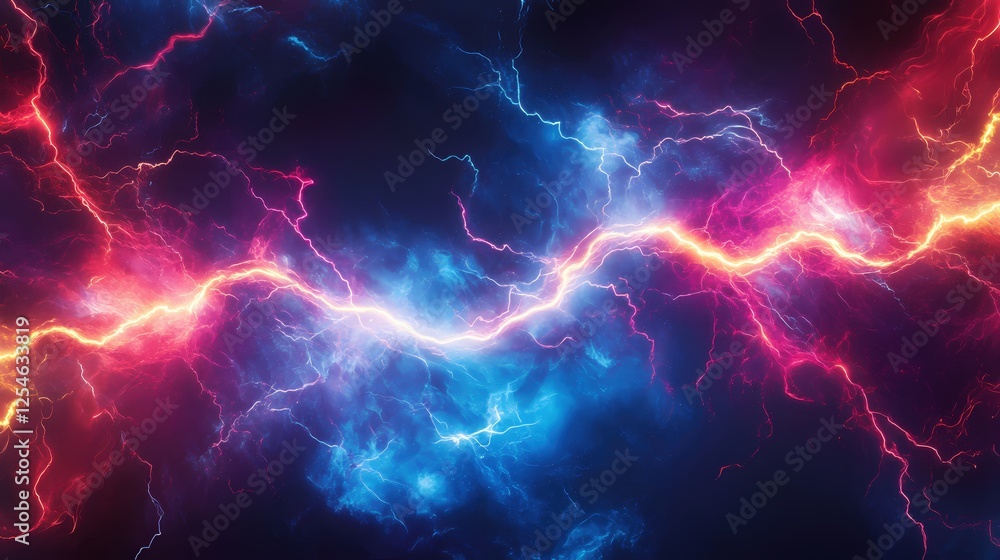 Electric Storm of Energy with Red and Blue Lightning Bolts Striking Across a Dark Sky Electric Storm of Energy with Red and Blue Lightning Bolts Striking Across a Dark Sky