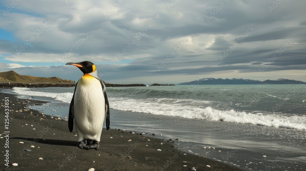 Obraz premium Portrait one penguin walking on beach at sunny day. AI generated image