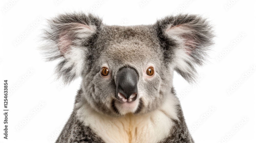 Fototapeta premium Portrait close up a funny male australian koala bear isolated of white background. AI generated