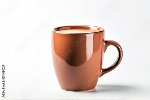 Terracotta clay-colored ceramic mug on white background, minimalist and rustic style
