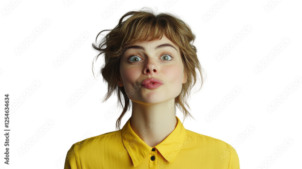 Young woman puckering lips and making funny face on transparent background Young woman puckering lips and making funny face on transparent background