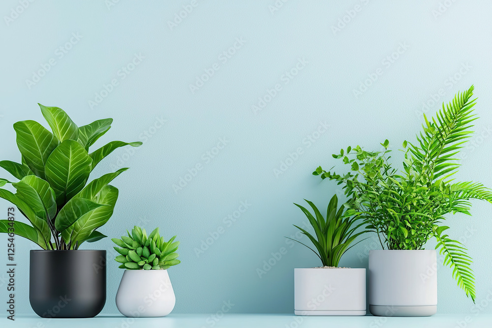 Fototapeta premium collection of various potted plants against light blue background, showcasing different types of greenery in modern pots. arrangement highlights beauty of indoor plants in minimalist setting