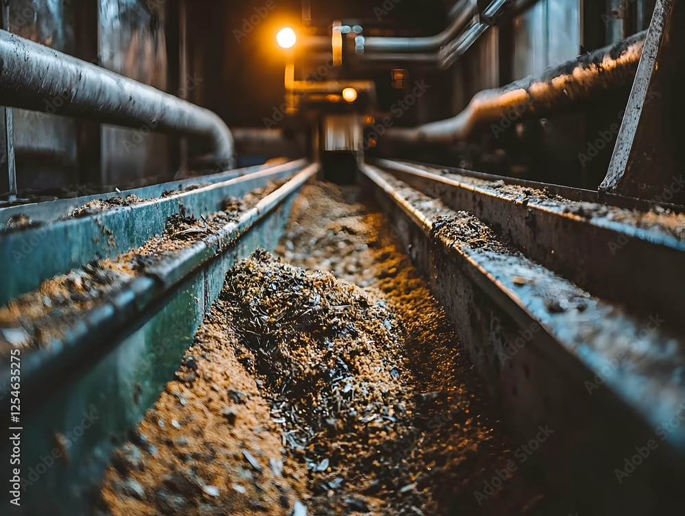 Factory conveyor belt transporting sawdust Factory conveyor belt transporting sawdust