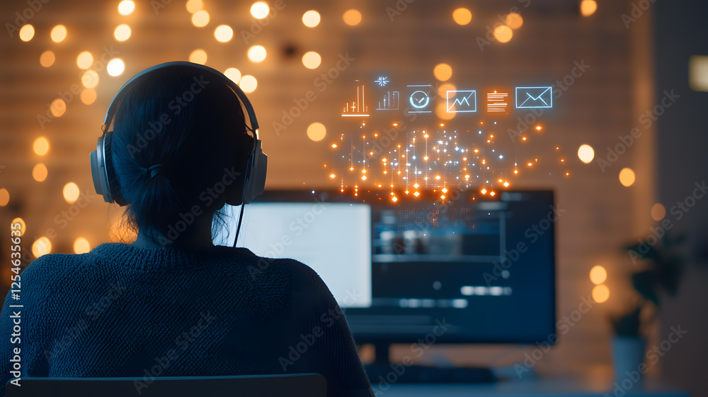 A futuristic concept of online education with a student sitting at a desk, wearing headphones, and watching a live-streamed lecture. A digital overlay of a certification badge appears in the air, A futuristic concept of online education with a student sitting at a desk, wearing headphones, and watching a live-streamed lecture. A digital overlay of a certification badge appears in the air,