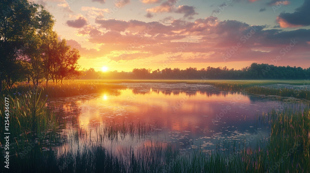 Serene lake reflecting a vibrant sunset with trees and tall grass in a tranquil landscape Serene lake reflecting a vibrant sunset with trees and tall grass in a tranquil landscape