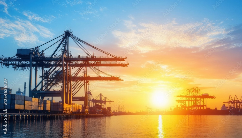 A serene sunset over a bustling port, featuring towering cranes silhouetted against vibrant sky colors reflecting on the water. A serene sunset over a bustling port, featuring towering cranes silhouetted against vibrant sky colors reflecting on the water.