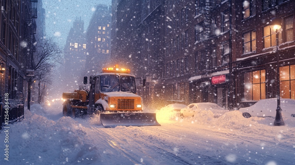 Urban winter storm with a snow plow working on a city street under heavy snowfall digital Urban winter storm with a snow plow working on a city street under heavy snowfall digital