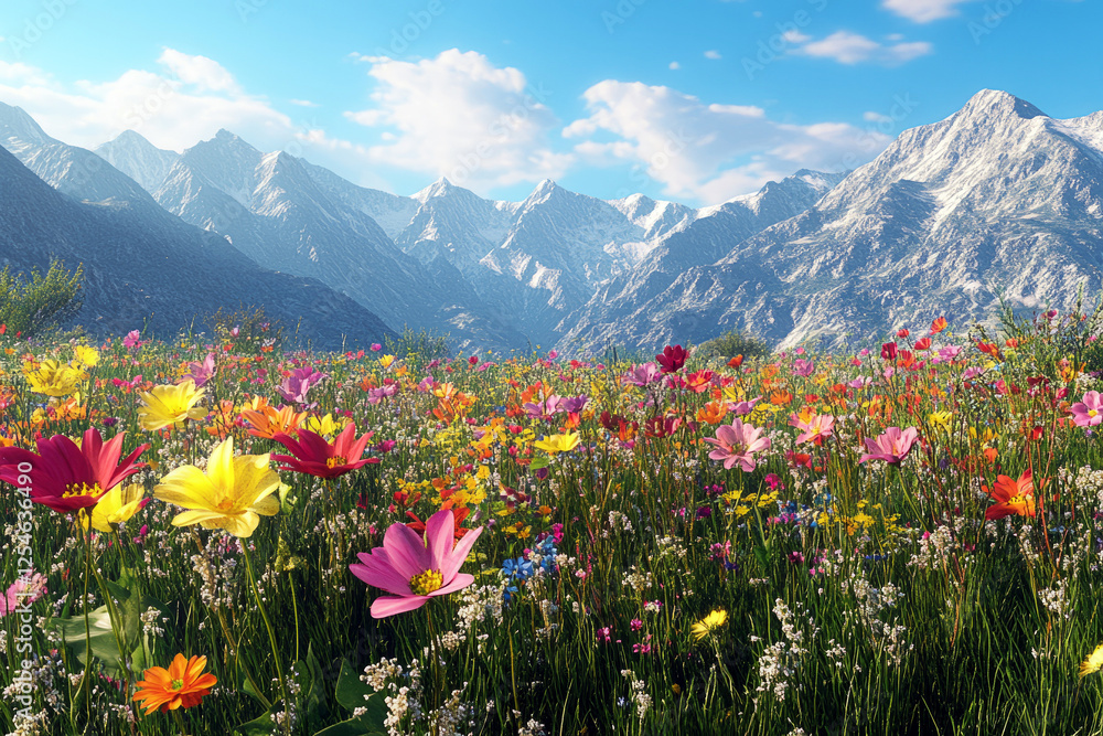 Fototapeta premium Colorful wildflower meadow with vibrant blooms against majestic mountain backdrop under a clear blue sky
