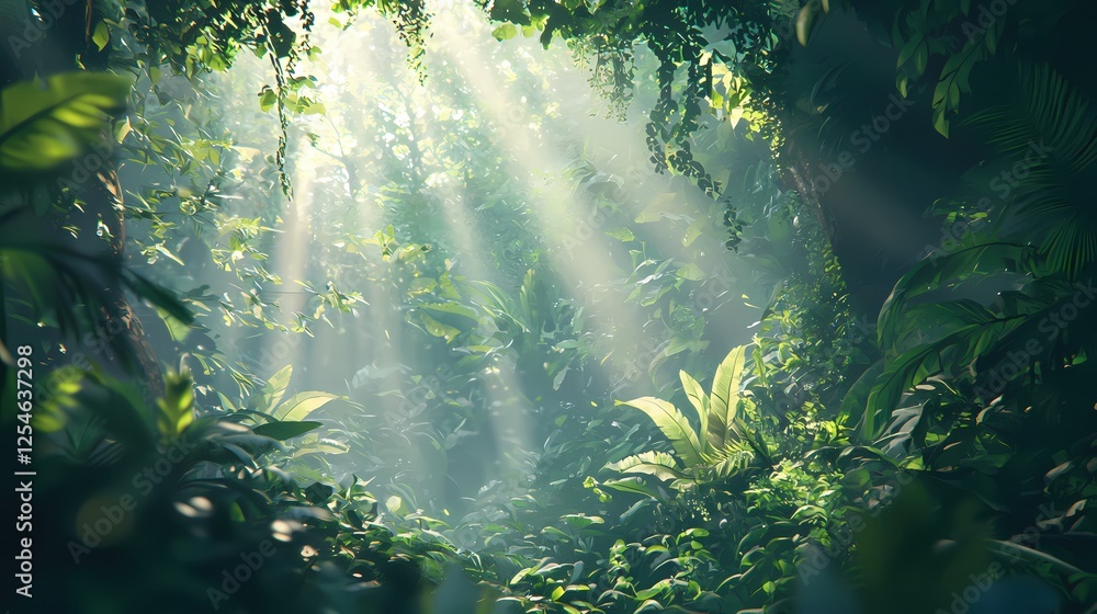 Obraz premium Sunlight streaming through lush green foliage creating a serene and mystical jungle atmosphere