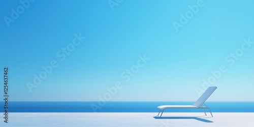 A tranquil scene featuring a white lounge chair against a vast blue sky and ocean, evoking relaxation and serenity.