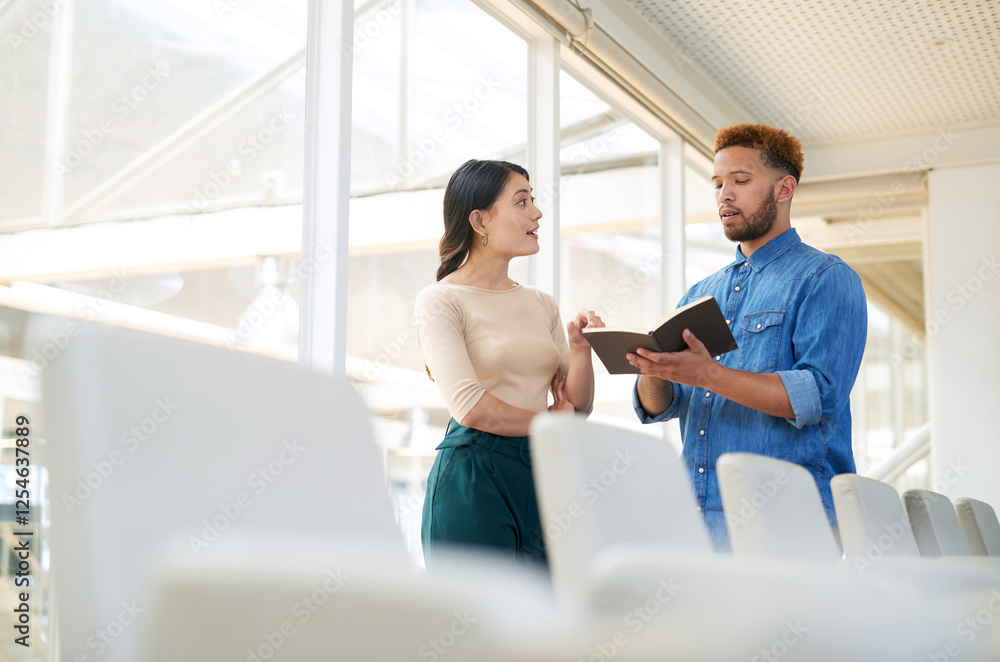 Obraz premium Meeting, discussion and business people in office with notes, collaboration and creative schedule. Advice, notebook and design team checking project ideas for startup development, partnership or plan