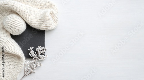 Knitted Sweater, Black Slate, Small Branches, Minimalist Background, Flatlay Composition, White Wooden Surface, Ideal for Fashion, or Home Decor