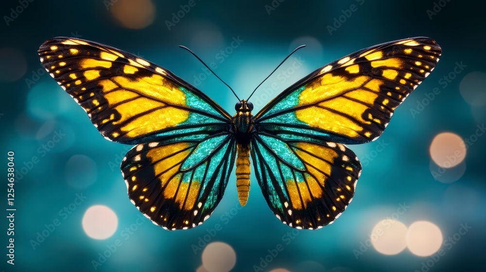 Fototapeta premium Detailed close up view of a butterfly, featuring shimmering yellow and teal colored wings. Bokeh effect creates a soft background, offering depth and