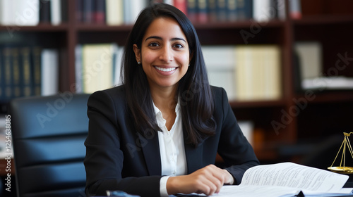 A confident, smiling female attorney from India sits in her office, reviewing a social security compliance case for her administrative law practice. With pride in her eyes, she exu photo