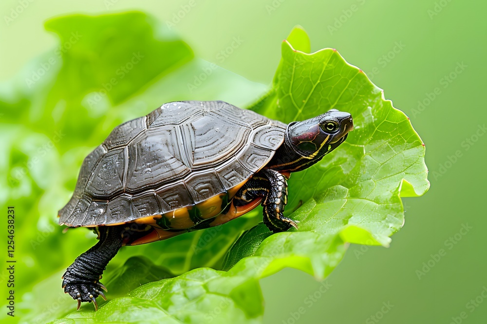 Obraz premium Freshwater Turtle Crawling on Green Leaf in Natural Environment