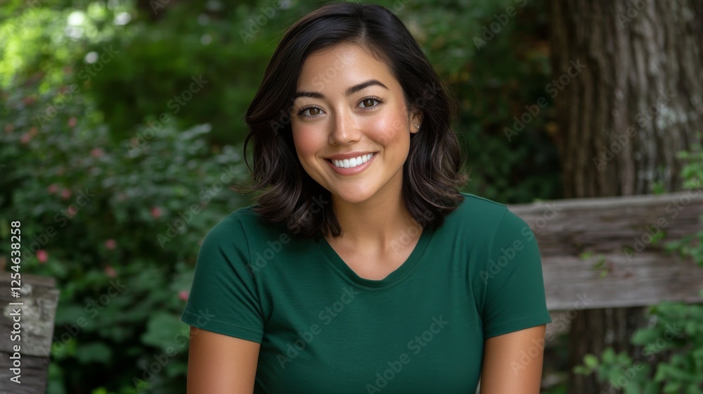 Smiling woman sitting outdoors in natural surroundings during daytime looking cheerful and approachable Smiling woman sitting outdoors in natural surroundings during daytime looking cheerful and approachable