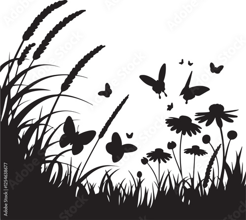Silhouettes of flying butterflies flying over a meadow with flowers and grass, vector illustration in black and white background