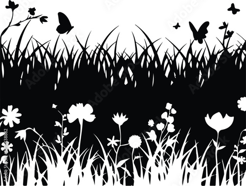 Silhouettes of flying butterflies flying over a meadow with flowers and grass, vector illustration in black and white background