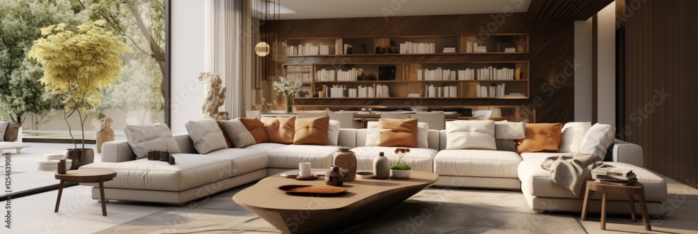 Naklejka premium Modern Luxury Living Room Interior Design with Stylish Furniture and Natural Light in an Elegant Home Setting