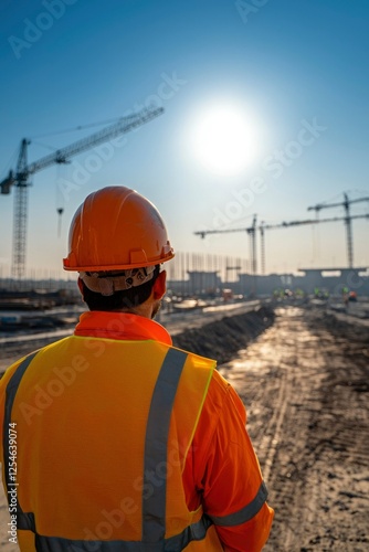 Construction worker overseeing a building site, cranes erecting structure. Stock image
