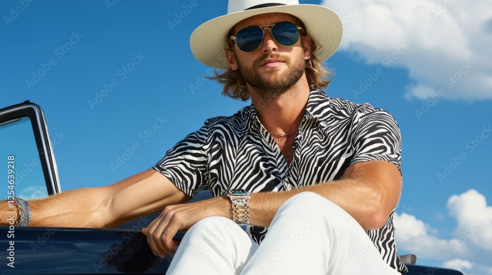 Fototapeta premium Stylish man poses confidently in a trendy outfit under a sunny sky by a classic car