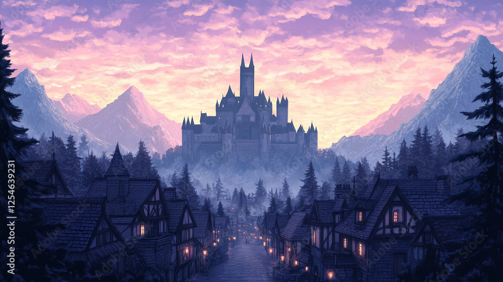 Fototapeta premium Enchanted Mountain Village with Majestic Castle