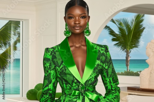 Stunning model showcases vibrant green floral print outfit near a tropical beachfront setting photo