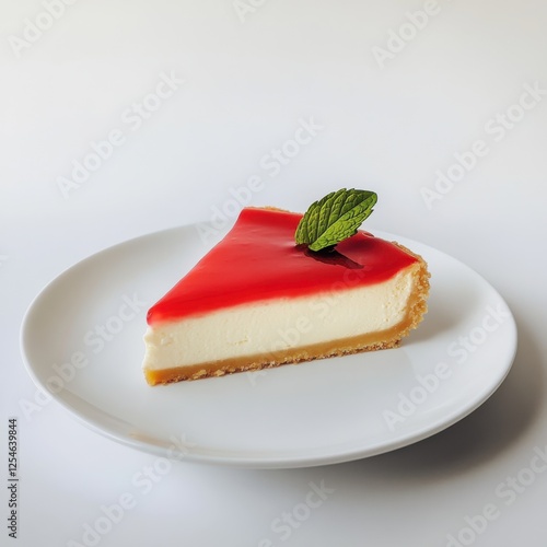 A slice of New York-style cheesecake with a thin layer of strawberry glaze, Cheesecake slice centered on a plain white plate, Soft ambient lighting from the side