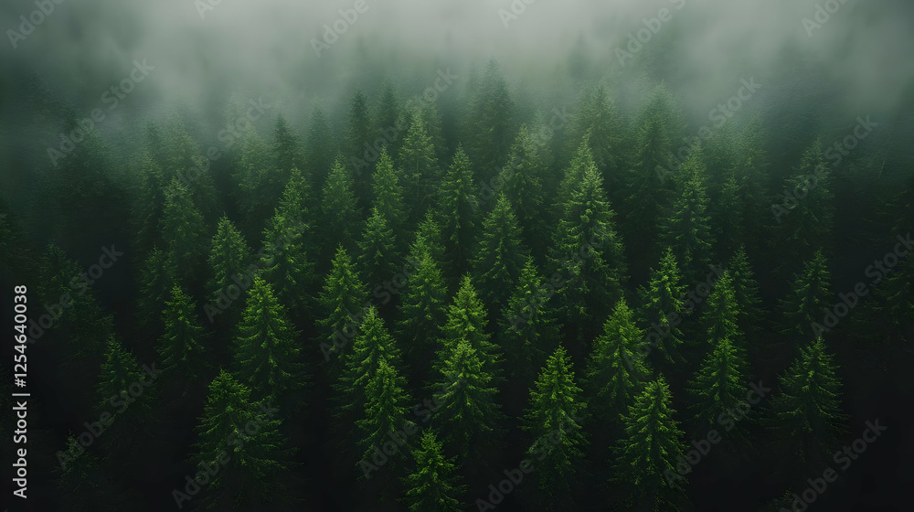 Misty Evergreen Forest Aerial View Misty Evergreen Forest Aerial View