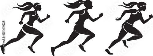 set of running woman silhouette, black and white silhouette, vector and illustration
