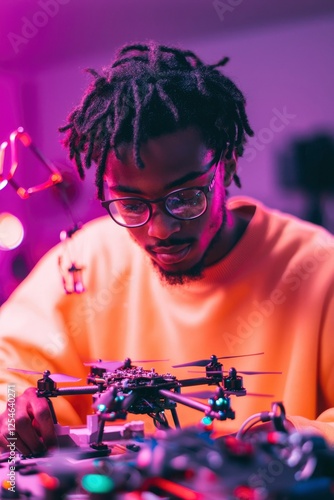 Man repairs drone with tools in a lab, creating innovative technology for future