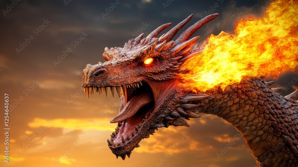 Fierce mythical beast head erupting in orange and yellow flames against a dramatic sunset sky; detailed scales and an open, roaring mouth Fierce mythical beast head erupting in orange and yellow flames against a dramatic sunset sky; detailed scales and an open, roaring mouth