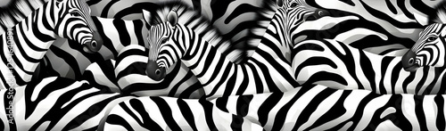 Herd of zebras resting, black and white, African savanna, fabric design
