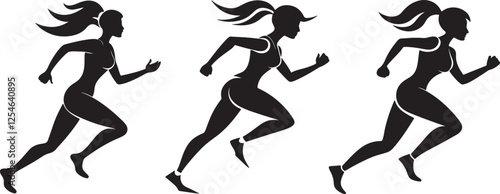 set of running woman silhouette, black and white silhouette, vector and illustration