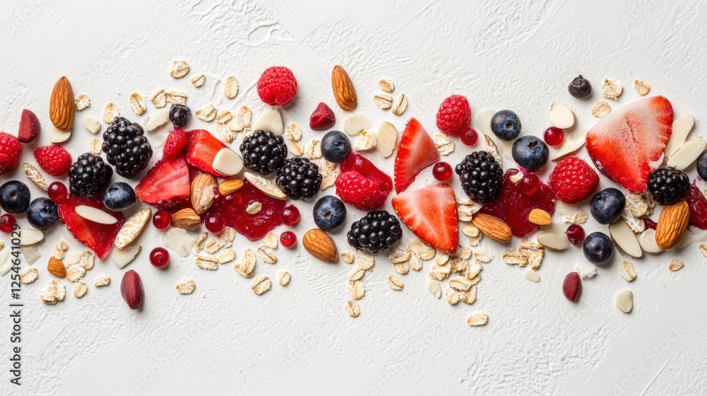 Artistic composition of fresh berries, almonds, and oats creates vibrant and healthy display. This colorful arrangement evokes sense of freshness and vitality Artistic composition of fresh berries, almonds, and oats creates vibrant and healthy display. This colorful arrangement evokes sense of freshness and vitality