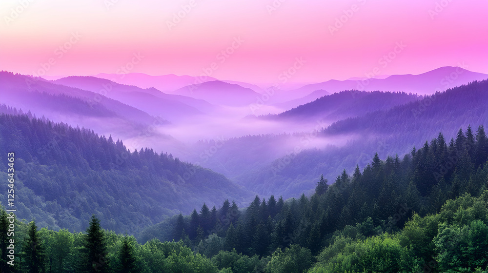 Obraz premium Misty Mountain Sunrise Landscape Illustration