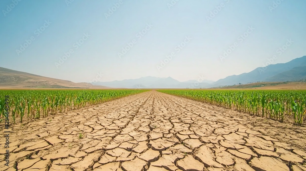 Fototapeta premium Drought-stricken field, cracked earth, mountains, agriculture