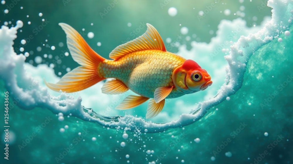 A vibrant goldfish gracefully swims through a wave of sparkling water, its scales shimmering under the aquatic light. A vibrant goldfish gracefully swims through a wave of sparkling water, its scales shimmering under the aquatic light.