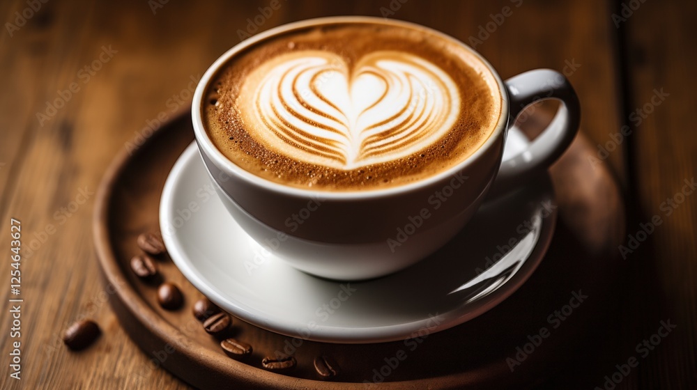Warm and Inviting Coffee Cup on Wooden Table with Latte Art Heart Design, Aromatic and Rich Brew Enjoyed in Cozy Setting Warm and Inviting Coffee Cup on Wooden Table with Latte Art Heart Design, Aromatic and Rich Brew Enjoyed in Cozy Setting