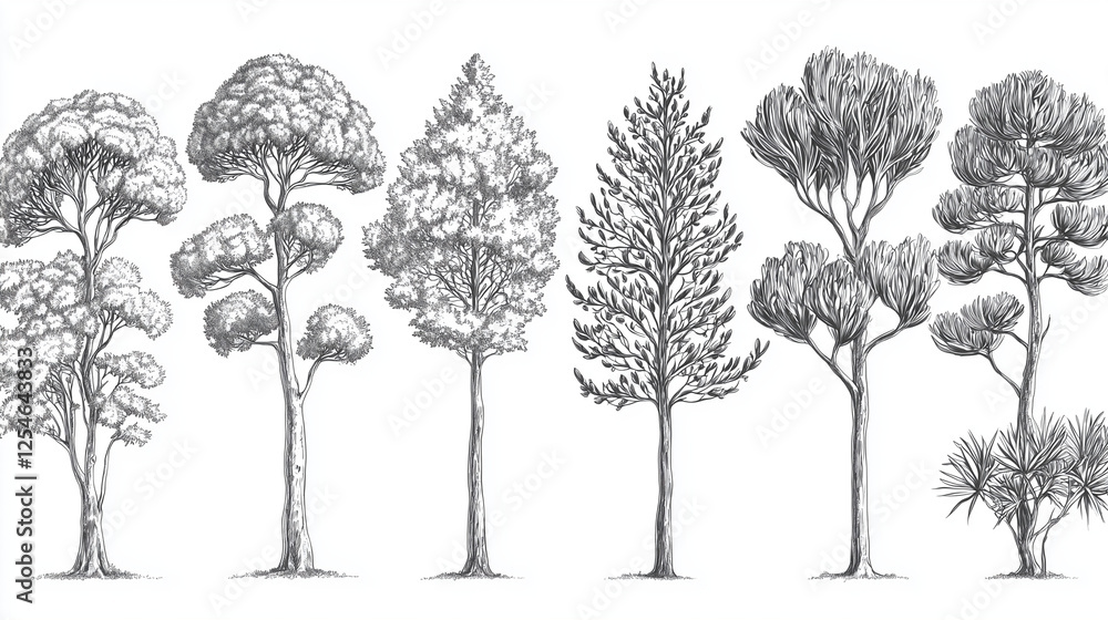 Fototapeta premium A highly detailed black and white botanical study featuring different tree species, drawn with scientific accuracy, showcasing varied textures, leaf structures, and natural forms 