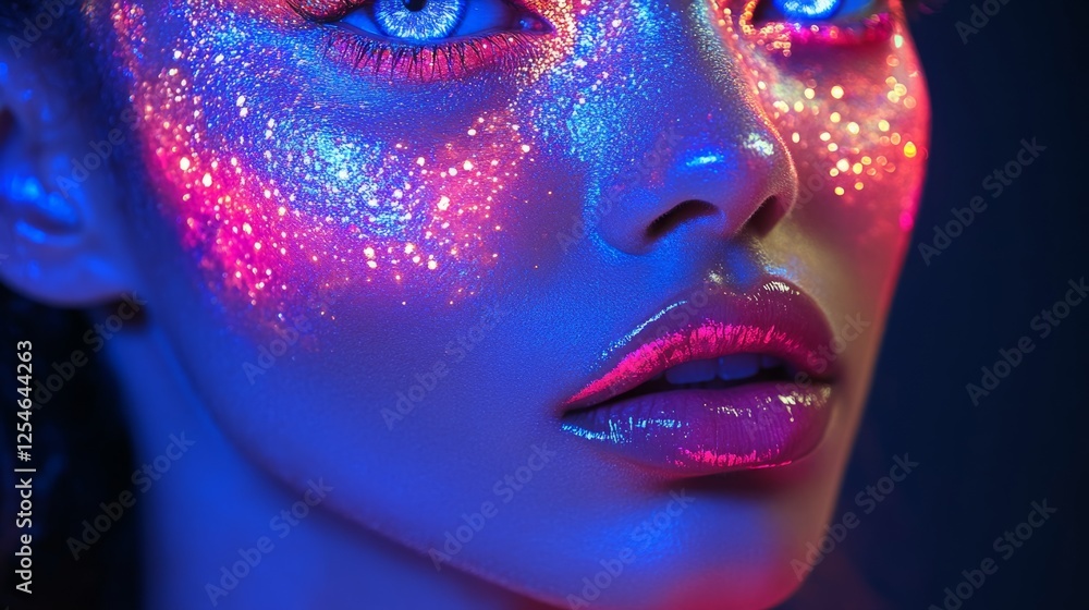 Portrait of a woman with neon UV makeup, colorful patterns on face, soft ambient glow Portrait of a woman with neon UV makeup, colorful patterns on face, soft ambient glow